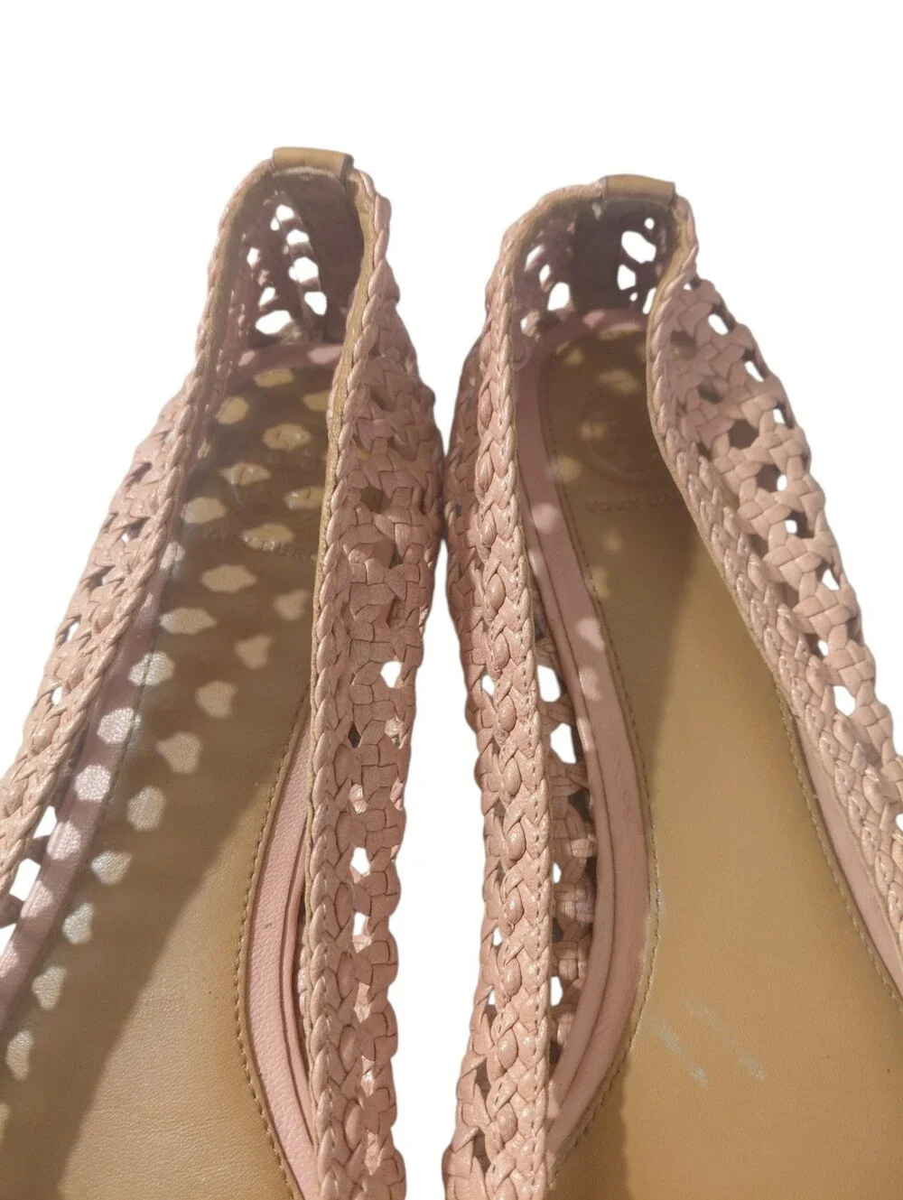 Tory Burch Carlyle Woven Bow Soft Pink Ballet Flats With Tan Cap Toes Sz 11